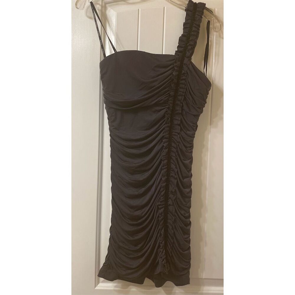 XOXO Women's Black Ruched Asymmetrical Bodycon Dress Size L VTG